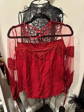 Women’s Red Lace & Sheer Sleeve Blouse